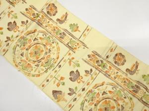 手織り紬　絵皿に鳥模様織り出し　名古屋帯